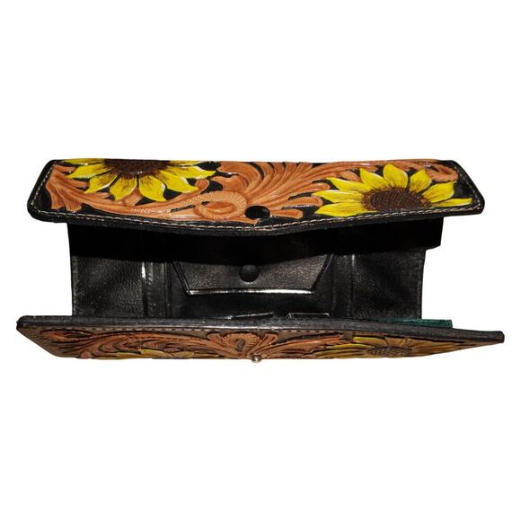 Hand Tooled Leather Sunflower Wallet Wristlet Black Brown Floral Western Boho - Picture 8 of 14